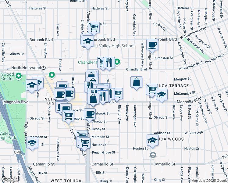 map of restaurants, bars, coffee shops, grocery stores, and more near 5217 Harmony Avenue in Los Angeles