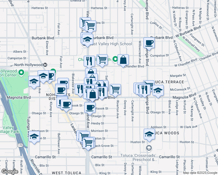 map of restaurants, bars, coffee shops, grocery stores, and more near 5217 Harmony Avenue in Los Angeles