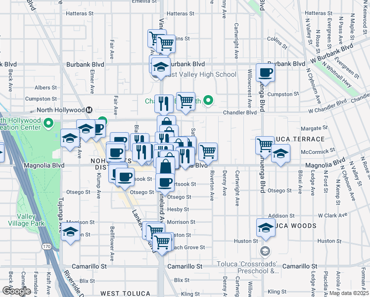 map of restaurants, bars, coffee shops, grocery stores, and more near 5217 Satsuma Avenue in Los Angeles