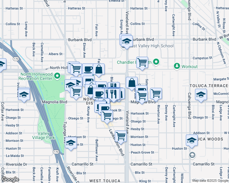 map of restaurants, bars, coffee shops, grocery stores, and more near 5216 Blakeslee Avenue in Los Angeles