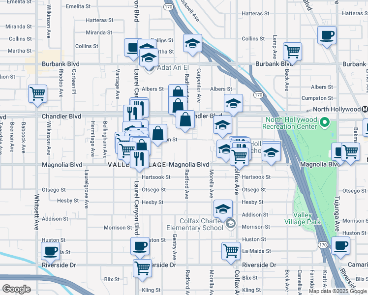 map of restaurants, bars, coffee shops, grocery stores, and more near 11855 West Magnolia Boulevard in Los Angeles