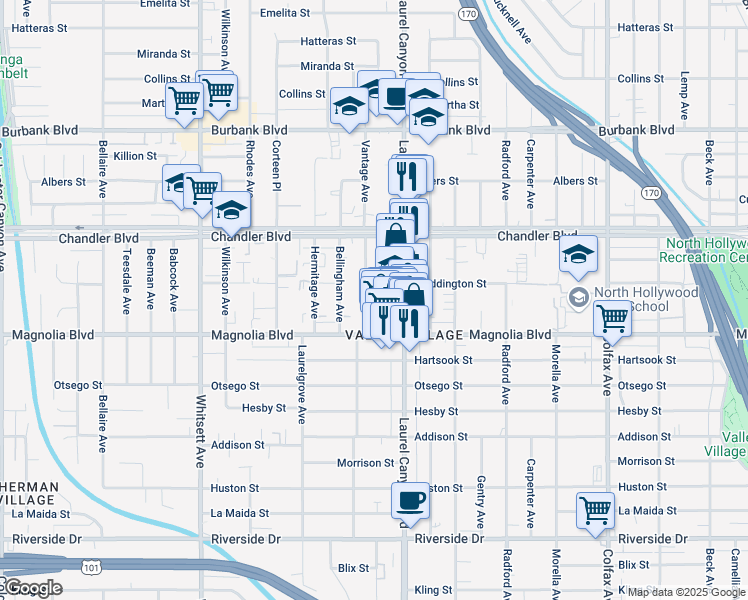 map of restaurants, bars, coffee shops, grocery stores, and more near 5224 Vantage Avenue in Los Angeles