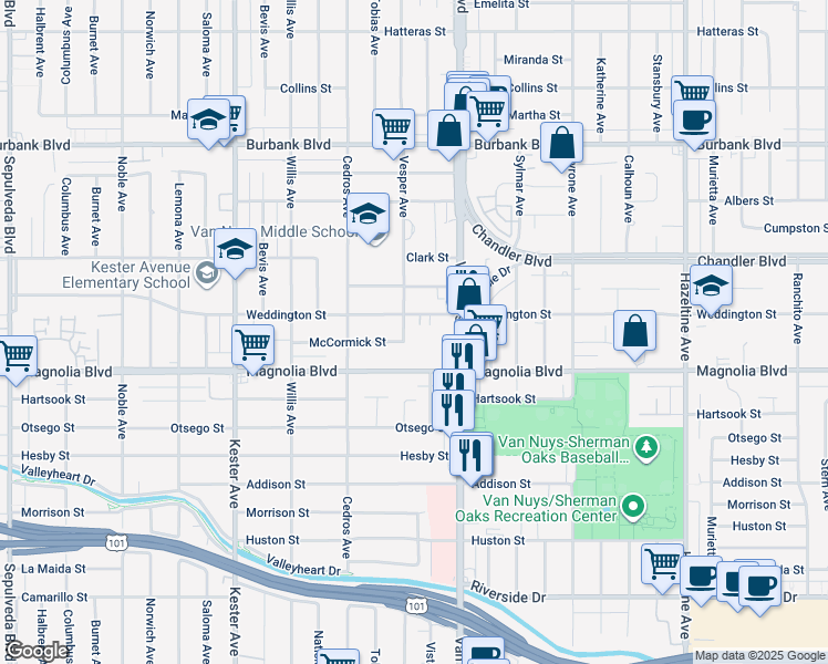 map of restaurants, bars, coffee shops, grocery stores, and more near 14557 West Magnolia Boulevard in Los Angeles
