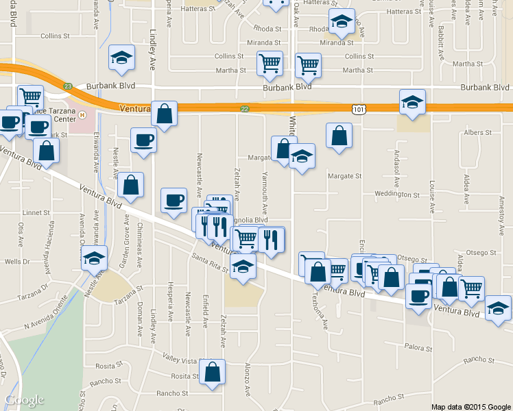 map of restaurants, bars, coffee shops, grocery stores, and more near 17817 West Magnolia Boulevard in Los Angeles