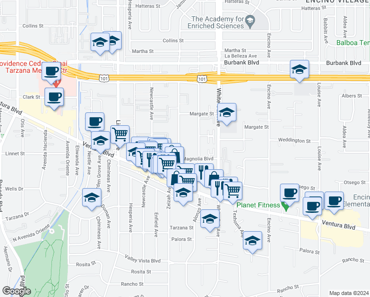 map of restaurants, bars, coffee shops, grocery stores, and more near 17817 West Magnolia Boulevard in Los Angeles