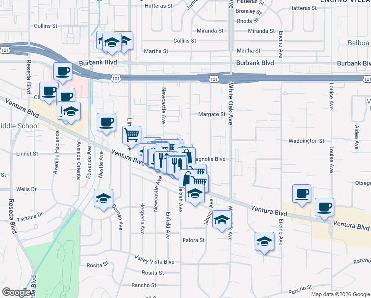 map of restaurants, bars, coffee shops, grocery stores, and more near 17919 West Magnolia Boulevard in Los Angeles