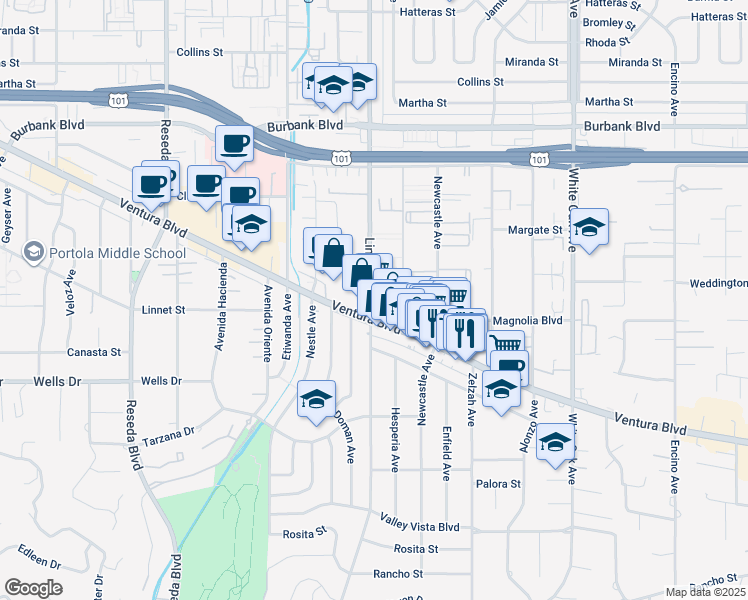 map of restaurants, bars, coffee shops, grocery stores, and more near in Los Angeles