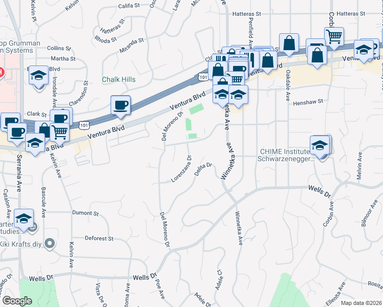 map of restaurants, bars, coffee shops, grocery stores, and more near 5311 Felice Place in Los Angeles