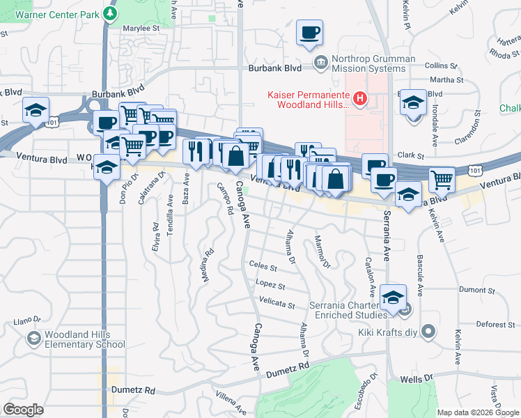 map of restaurants, bars, coffee shops, grocery stores, and more near in Los Angeles