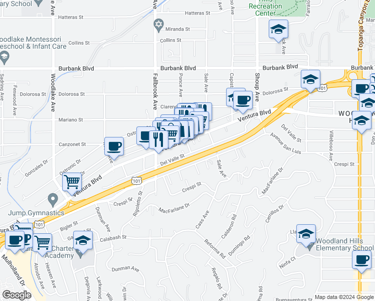 map of restaurants, bars, coffee shops, grocery stores, and more near 5192 Knollwood Way in Los Angeles