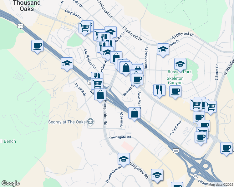 map of restaurants, bars, coffee shops, grocery stores, and more near 141 Sunset Drive in Thousand Oaks