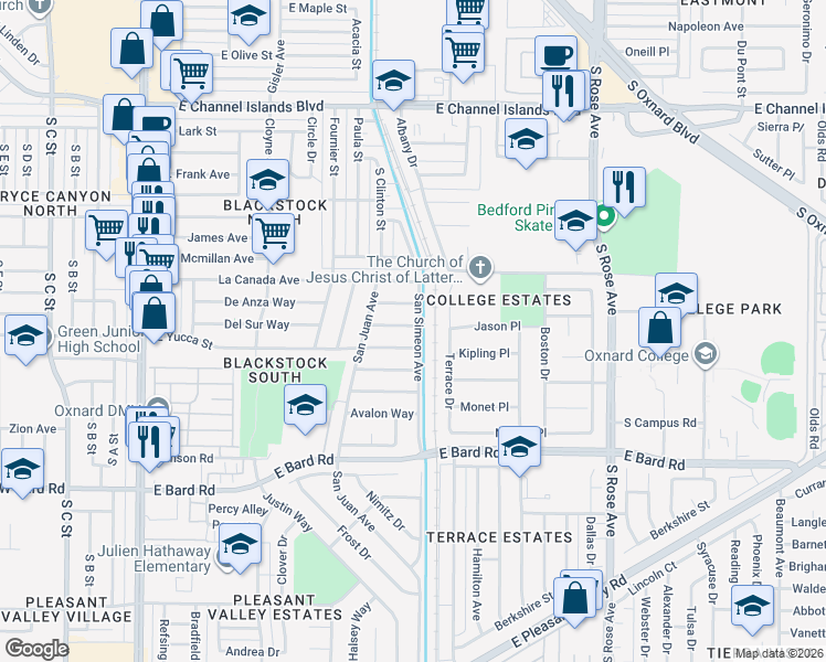 map of restaurants, bars, coffee shops, grocery stores, and more near 840 East Yucca Street in Oxnard