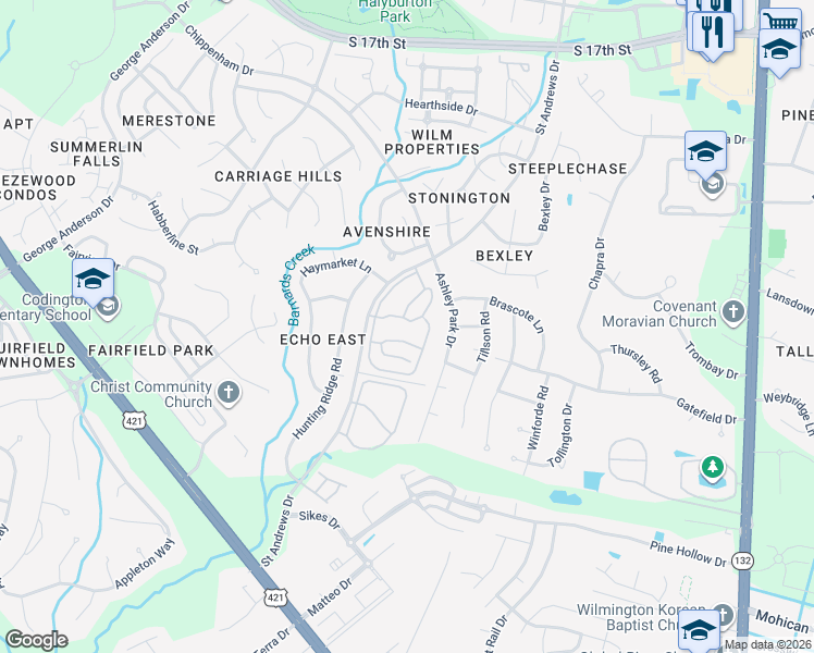 map of restaurants, bars, coffee shops, grocery stores, and more near 970 Saint Andrews Drive in Wilmington