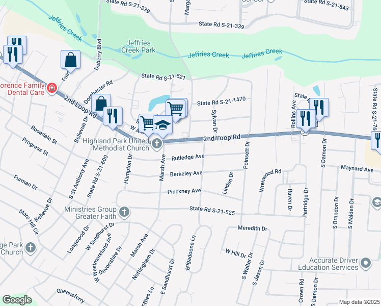map of restaurants, bars, coffee shops, grocery stores, and more near 1212 Rutledge Avenue in Florence