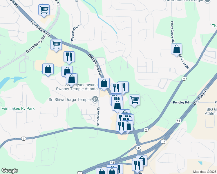 map of restaurants, bars, coffee shops, grocery stores, and more near Parkway North Boulevard in Forsyth County