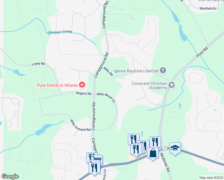 map of restaurants, bars, coffee shops, grocery stores, and more near 5830 Wills Wood Circle in Cumming
