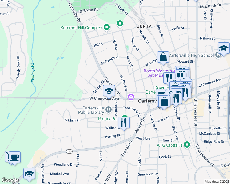 map of restaurants, bars, coffee shops, grocery stores, and more near 18 Cassville Road in Cartersville