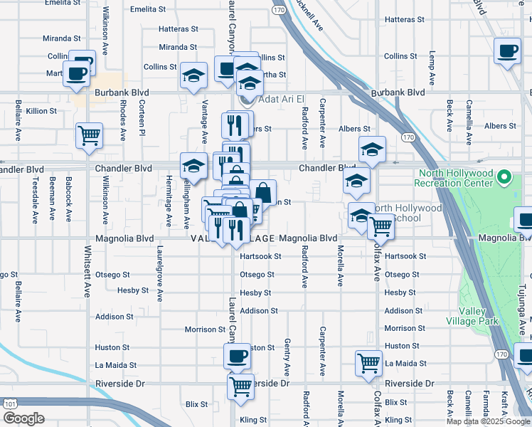 map of restaurants, bars, coffee shops, grocery stores, and more near 5220 Agnes Avenue in Los Angeles