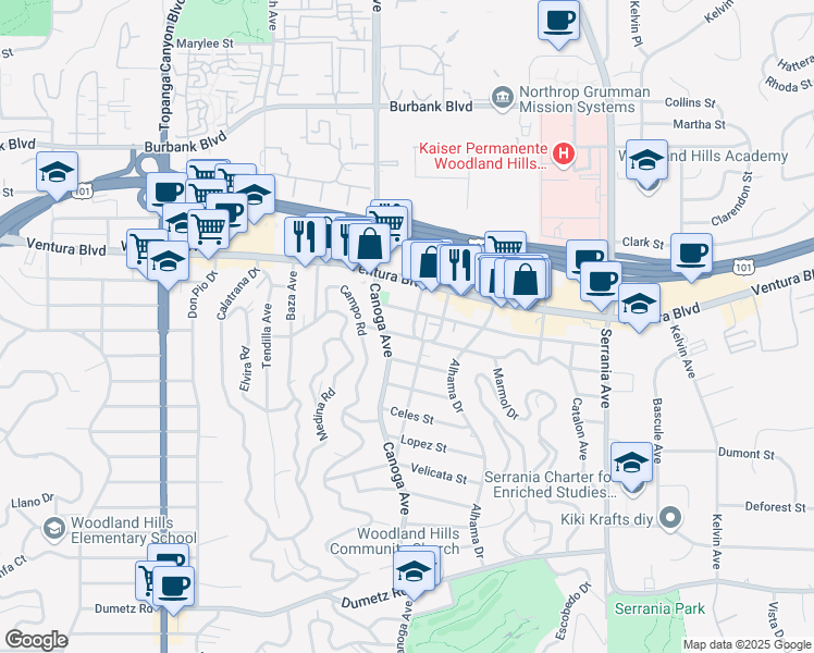 map of restaurants, bars, coffee shops, grocery stores, and more near in Los Angeles