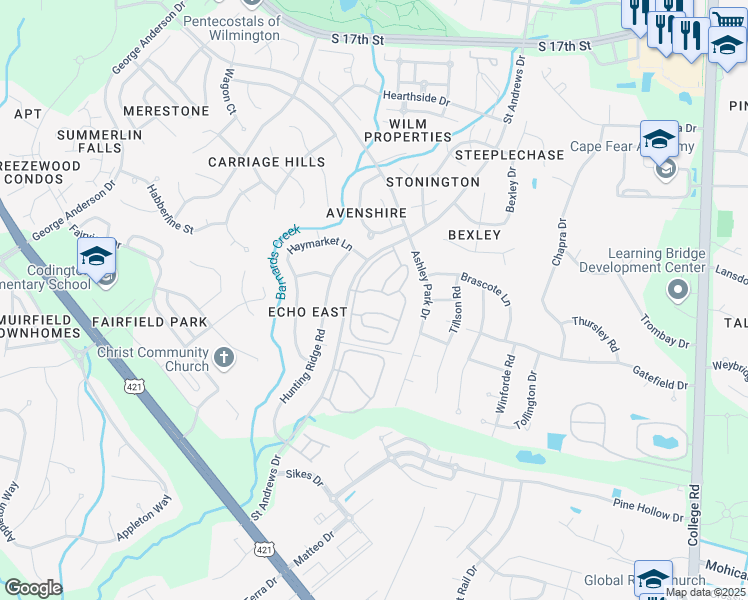 map of restaurants, bars, coffee shops, grocery stores, and more near 1108 Saint Andrews Drive in Wilmington