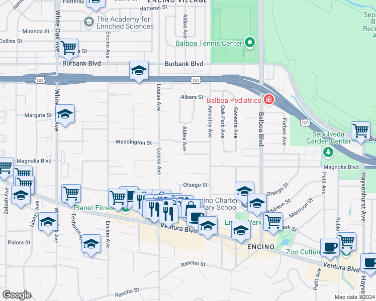 map of restaurants, bars, coffee shops, grocery stores, and more near 17149 McCormick Street in Los Angeles