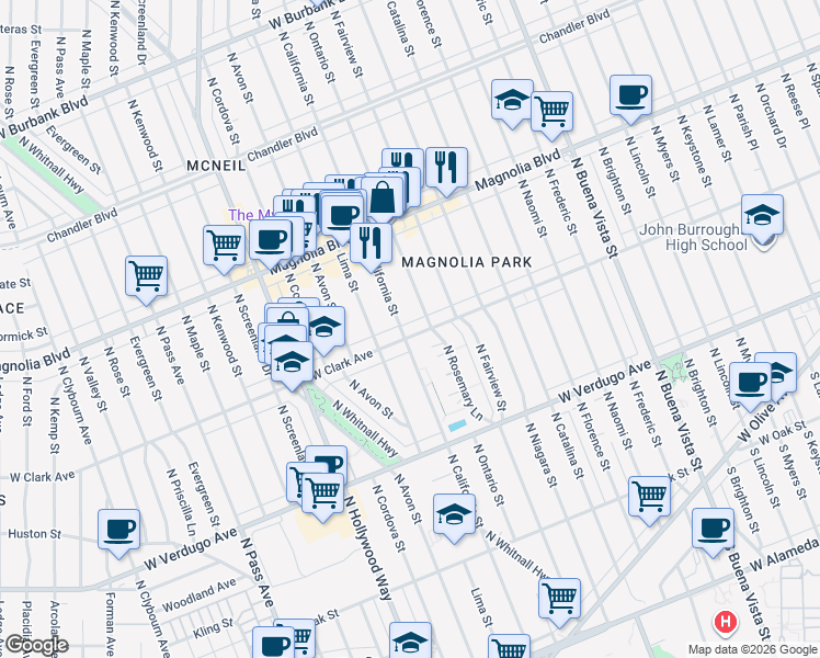 map of restaurants, bars, coffee shops, grocery stores, and more near 3217 West Clark Avenue in Burbank