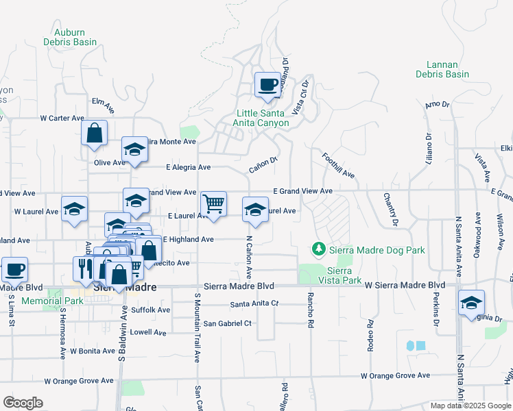 map of restaurants, bars, coffee shops, grocery stores, and more near 385 East Laurel Avenue in Sierra Madre