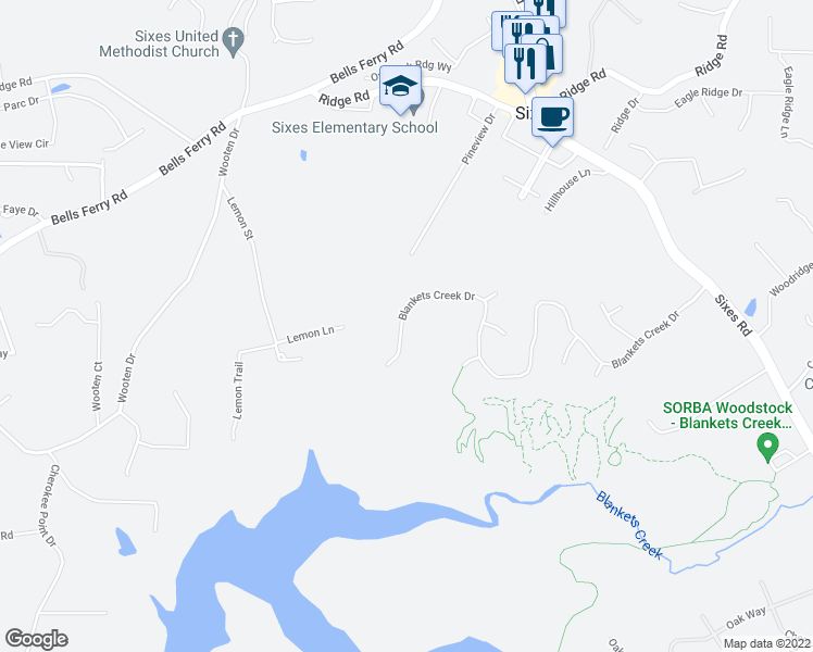 map of restaurants, bars, coffee shops, grocery stores, and more near 1137 Blankets Creek Drive in Canton