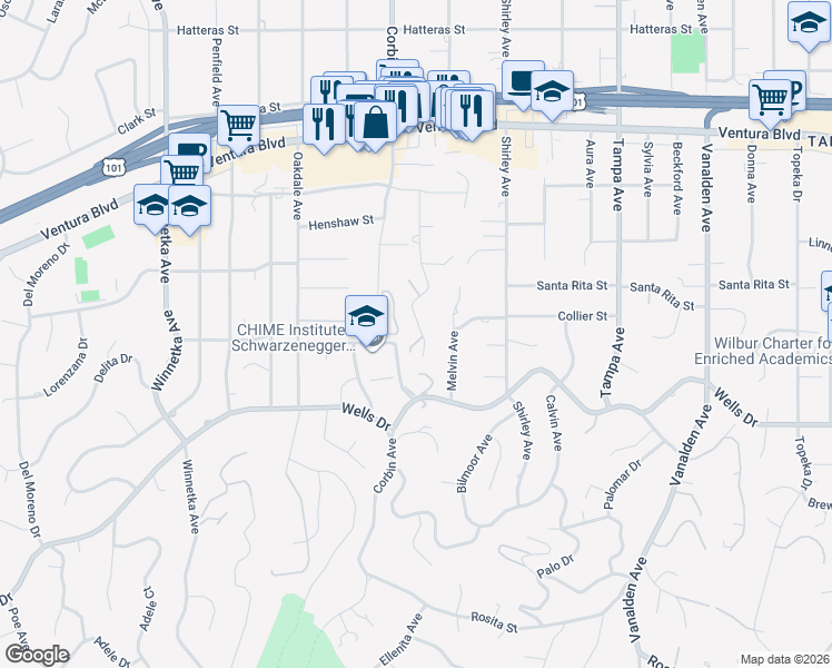 map of restaurants, bars, coffee shops, grocery stores, and more near 5215 Bothwell Road in Los Angeles