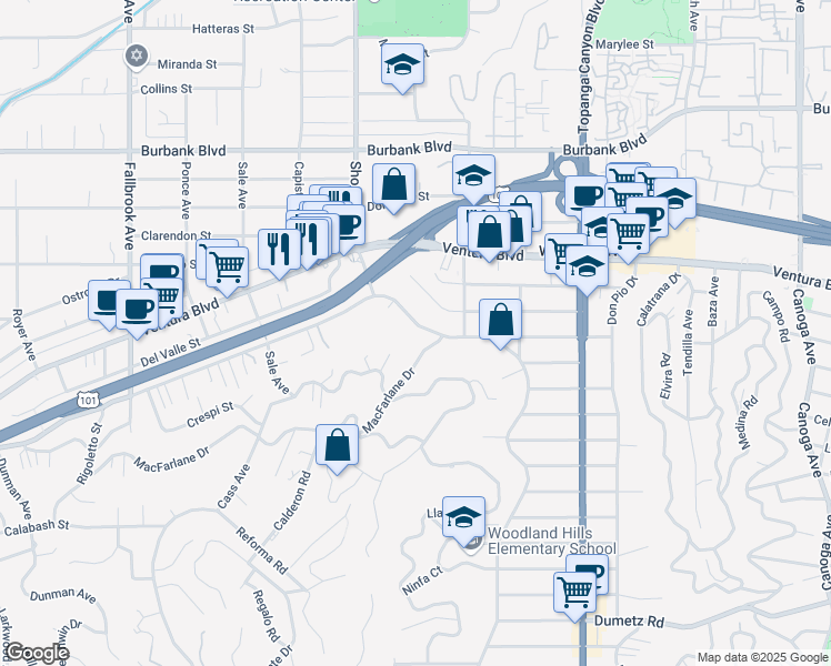 map of restaurants, bars, coffee shops, grocery stores, and more near 22248 Avenue San Luis in Los Angeles