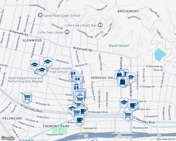 map of restaurants, bars, coffee shops, grocery stores, and more near 1339 North Columbus Avenue in Glendale