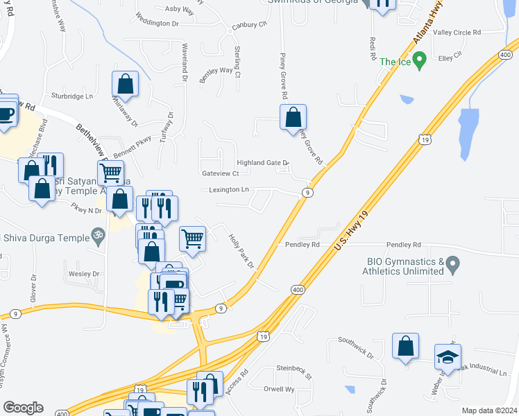 map of restaurants, bars, coffee shops, grocery stores, and more near 2110 Keenland Court in Cumming