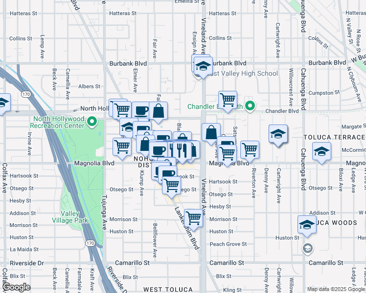 map of restaurants, bars, coffee shops, grocery stores, and more near 11049 McCormick Street in Los Angeles