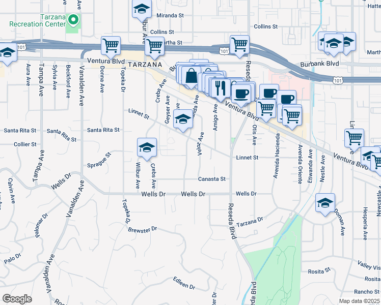 map of restaurants, bars, coffee shops, grocery stores, and more near 5211 Veloz Avenue in Los Angeles