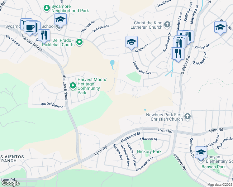 map of restaurants, bars, coffee shops, grocery stores, and more near 676 Rabbit Creek Lane in Thousand Oaks