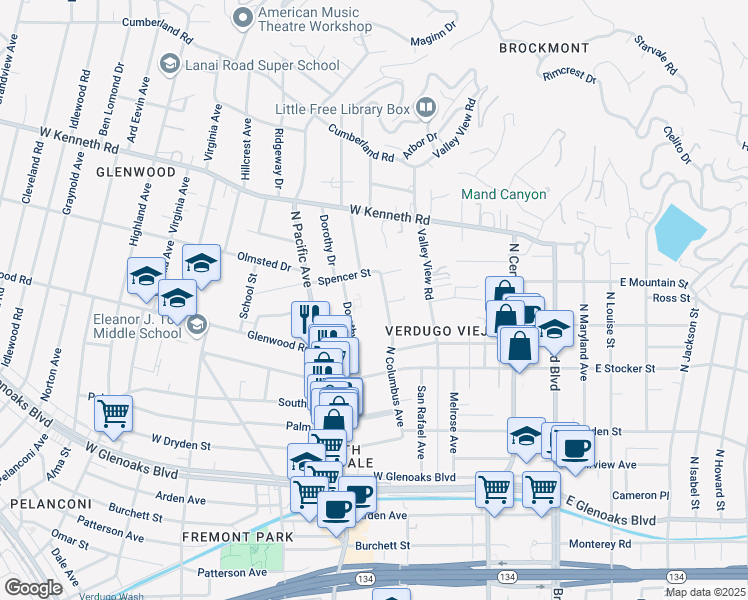 map of restaurants, bars, coffee shops, grocery stores, and more near 1339 North Columbus Avenue in Glendale