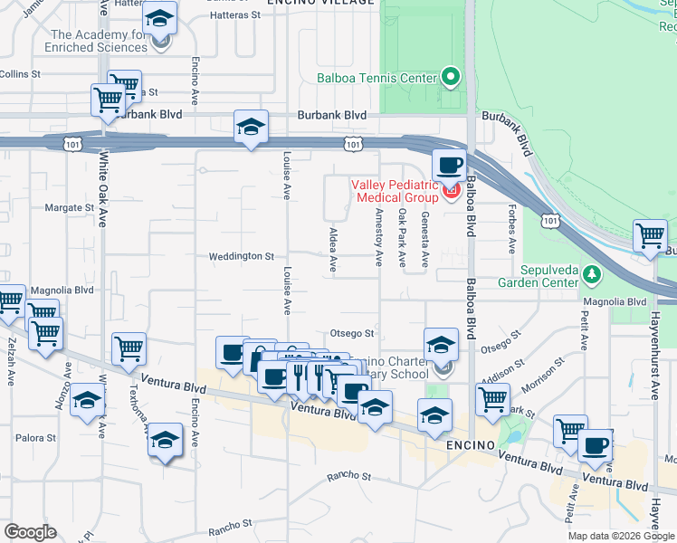 map of restaurants, bars, coffee shops, grocery stores, and more near 17149 McCormick Street in Los Angeles