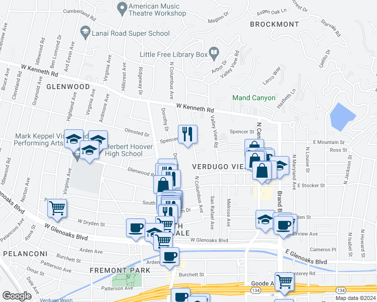 map of restaurants, bars, coffee shops, grocery stores, and more near 1339 North Columbus Avenue in Glendale