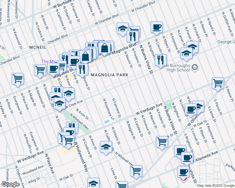 map of restaurants, bars, coffee shops, grocery stores, and more near 627 North Niagara Street in Burbank
