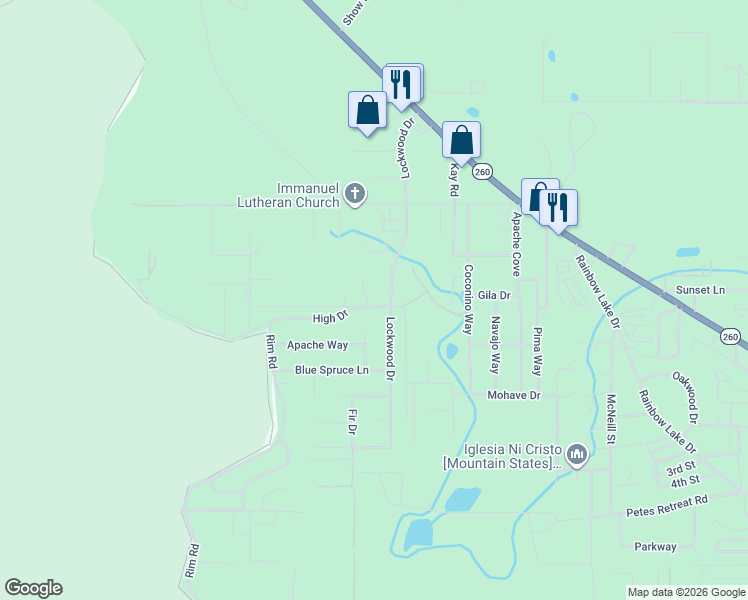 map of restaurants, bars, coffee shops, grocery stores, and more near 2724 Lockwood Drive in Navajo County