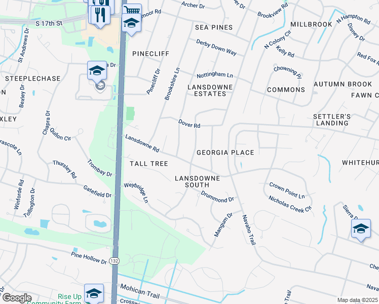map of restaurants, bars, coffee shops, grocery stores, and more near 105 Devonshire Lane in Wilmington