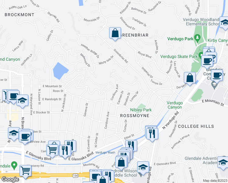 map of restaurants, bars, coffee shops, grocery stores, and more near 1337 Cordova Avenue in Glendale