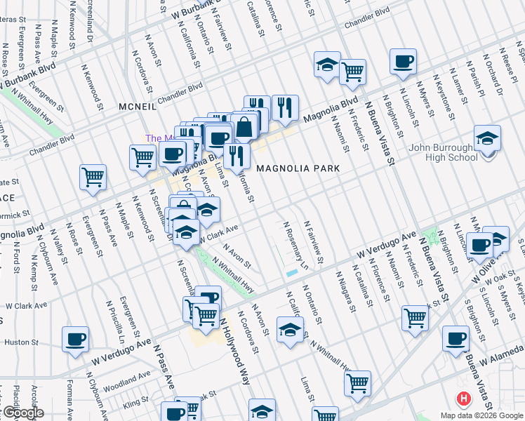 map of restaurants, bars, coffee shops, grocery stores, and more near 3217 West Clark Avenue in Burbank