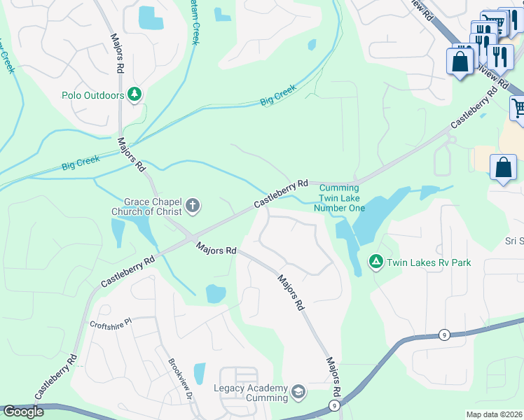 map of restaurants, bars, coffee shops, grocery stores, and more near 6010 Ravine Forest Drive in Cumming