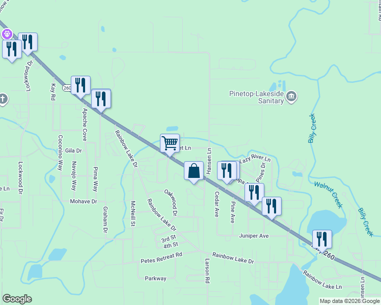 map of restaurants, bars, coffee shops, grocery stores, and more near 2714 Hansen Lane in Navajo County