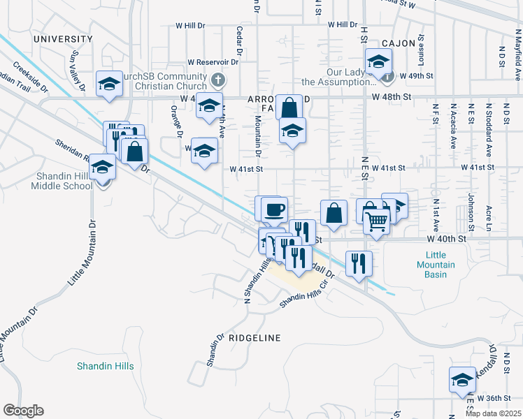 map of restaurants, bars, coffee shops, grocery stores, and more near 4015 Mountain Drive in San Bernardino