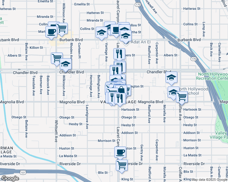 map of restaurants, bars, coffee shops, grocery stores, and more near 5243 Laurel Canyon Boulevard in Los Angeles