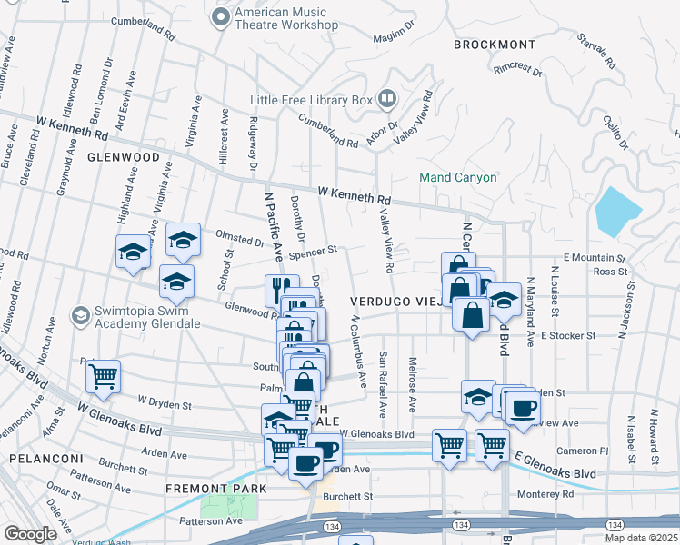 map of restaurants, bars, coffee shops, grocery stores, and more near 1339 North Columbus Avenue in Glendale