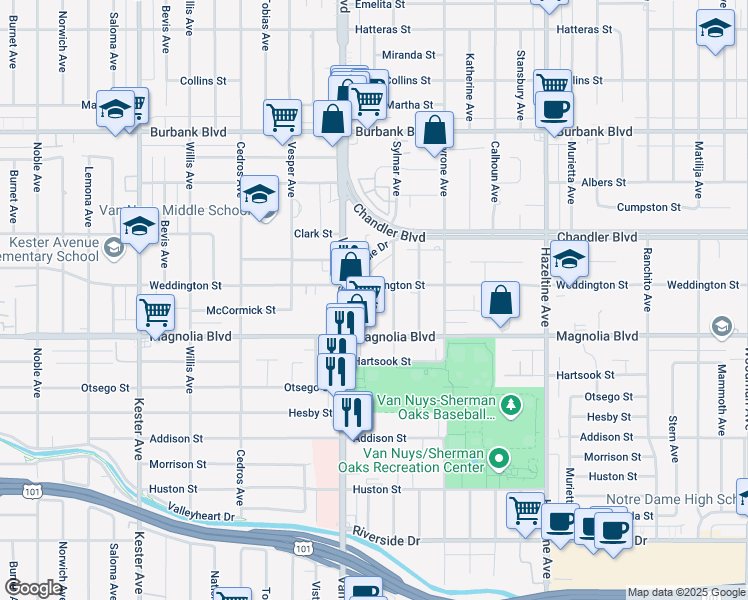 map of restaurants, bars, coffee shops, grocery stores, and more near 5220 Tilden Avenue in Los Angeles