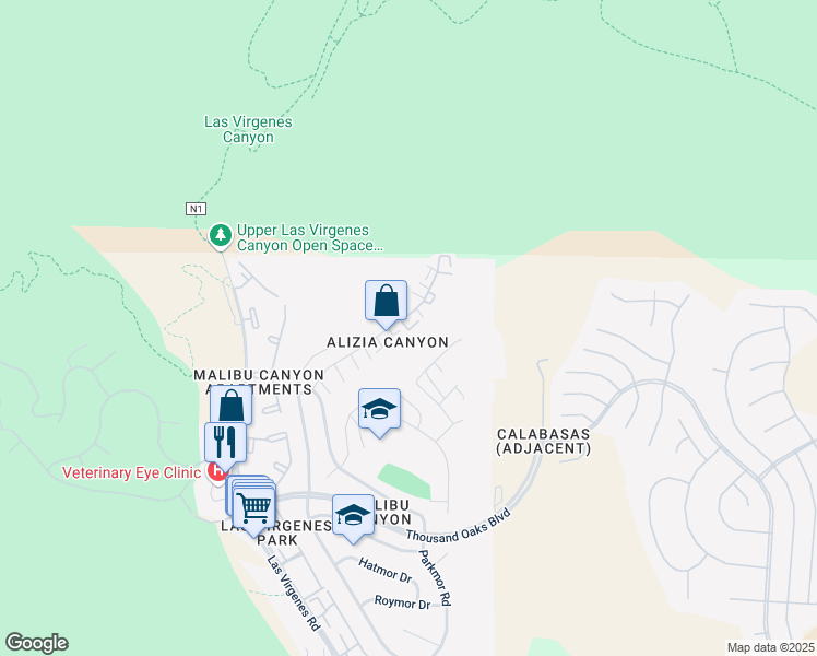 map of restaurants, bars, coffee shops, grocery stores, and more near 26108 Alizia Canyon Drive in Calabasas